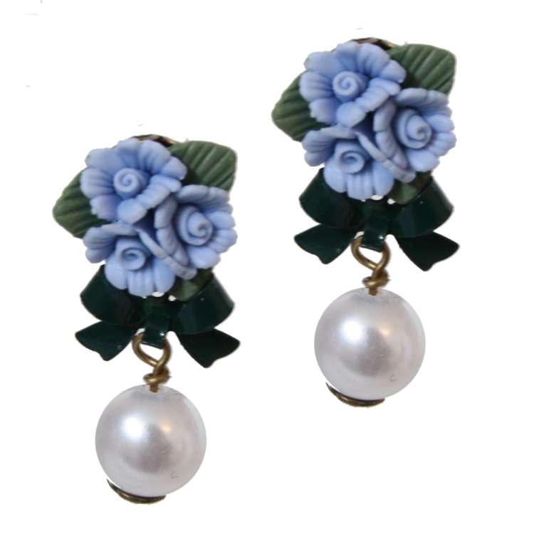 Stud Earrings with Light Blue Roses & Pearl